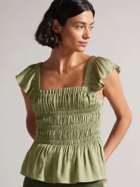 Ted Baker London Olive Green Smocked Top with Square Neck 4 (L/XL)
